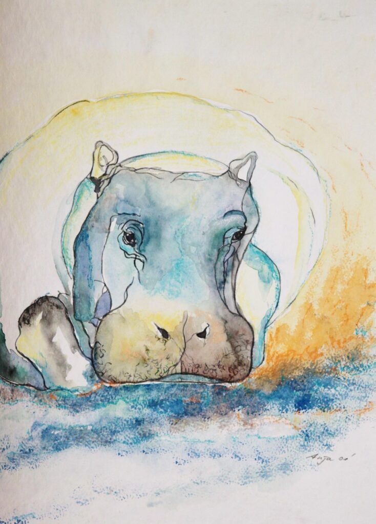 hippo, animal, watercolor, watercolor drawing, watercolor painting, art, hippopotamus, drawing, painting mammal, fauna, nature, wild animal, africa
